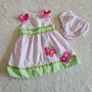 Rare Editions Baby Girl 3-6m Seersucker Gingham Pink Butterflies Dress Bloomers